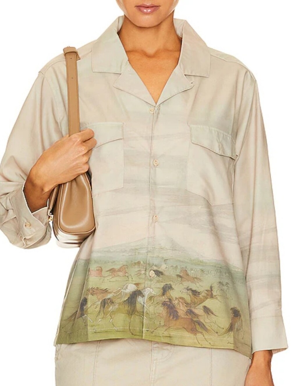 Found Lightweight Scenic Print Shirt Jacket in Light Pink & Olive